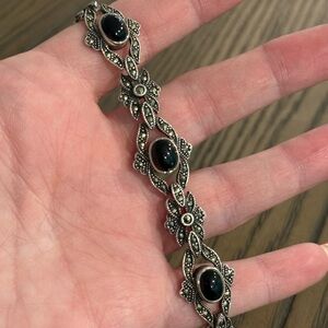 Vintage Sterling Silver Black Onyx and Marcasite Tennis Bracelet Sz 7”